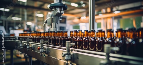 A high-tech brewery with robots brewing, bottling, and packaging beer on a conveyor belt. Efficient and consistent. Generative AI. photo