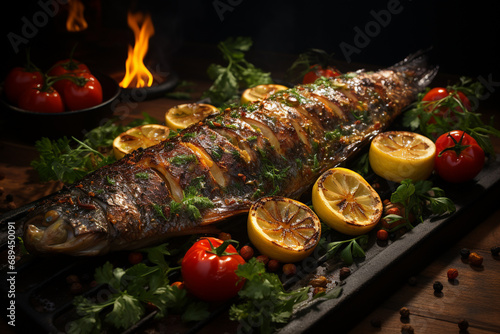Grilled fish. Whole baked fish. Dorado, Seabass. Generative AI.