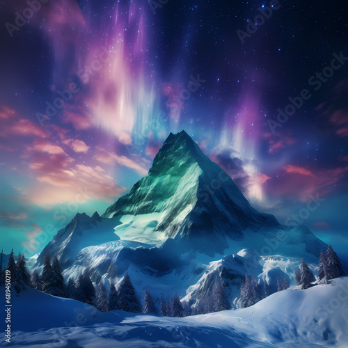 A snow-covered mountain peak under the shimmering northern lights.