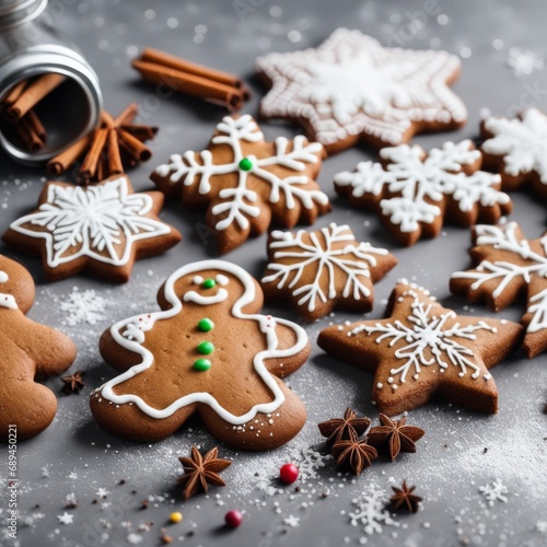 Homemade Gingerbread cookies with spices on a gray background.