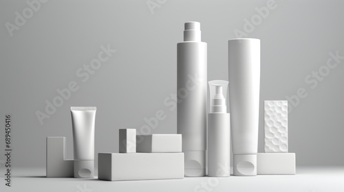 3D Mockup White cosmetics bottles of toothpaste, soap and moisturizing cream, all white, geometric simplification, industrial design, rounded forms, alson skinner clark, light gray free copy space