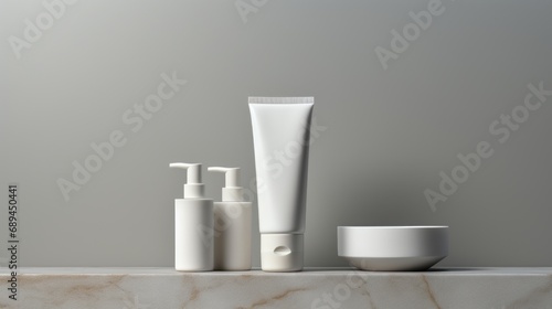 3D Mockup White cosmetics bottles of toothpaste, soap and moisturizing cream, all white, geometric simplification, industrial design, rounded forms, alson skinner clark, light gray free copy space photo