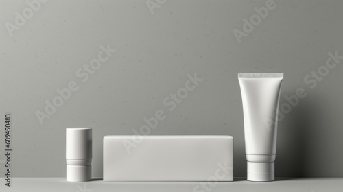 3D Mockup White cosmetics bottles of toothpaste, soap and moisturizing cream, all white, geometric simplification, industrial design, rounded forms, alson skinner clark, light gray free copy space photo