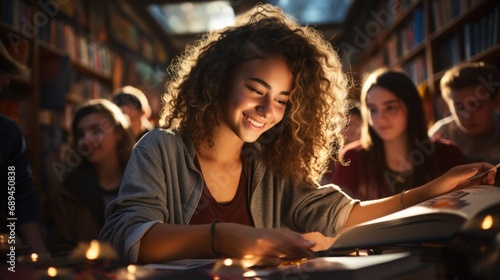 Group of diverse college students sitting in library