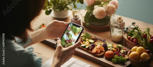 cropped view of woman taking photo of salad with smartphone in kitchen
