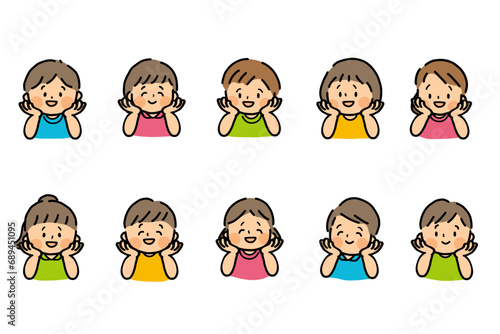 頬杖をつくかわいい女の子と男の子のセット