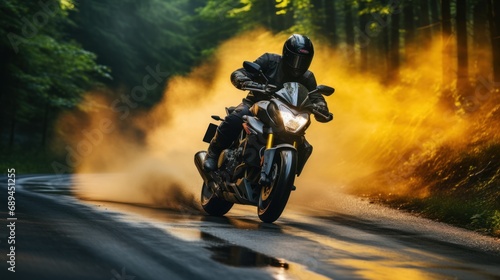 Motorcycle rider in action on the road in the forest. Motion blur. photo
