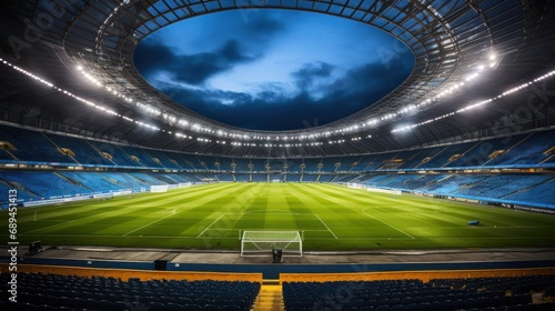 Soccer ball on the field of stadium with lights and spotlights