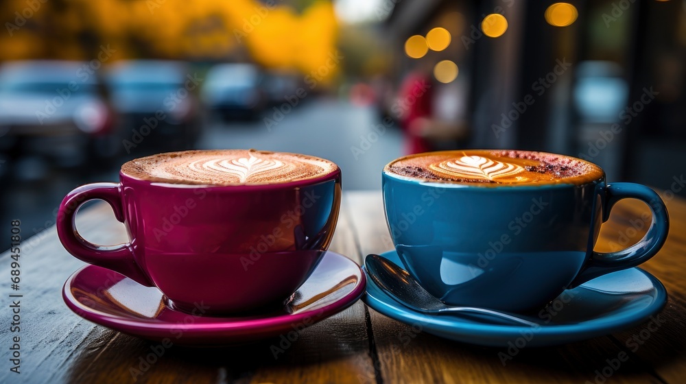 Fototapeta premium Two Cups On Table Lights Background, Background Image, Desktop Wallpaper Backgrounds, HD