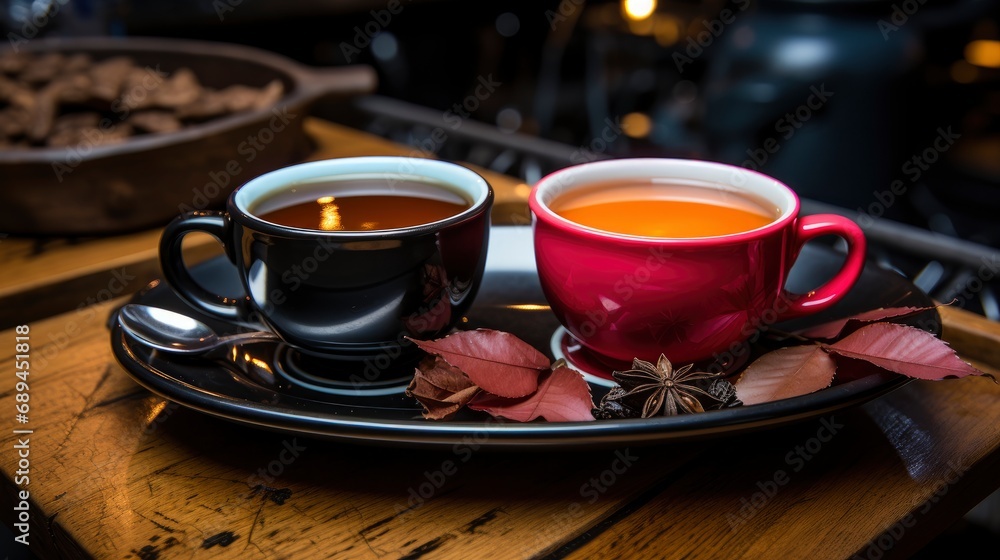 Fototapeta premium Two Cups On Table Lights Background, Background Image, Desktop Wallpaper Backgrounds, HD