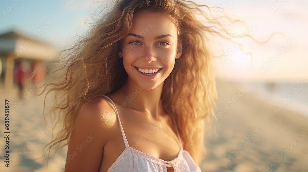 Naklejka premium Young woman with long hair on beach