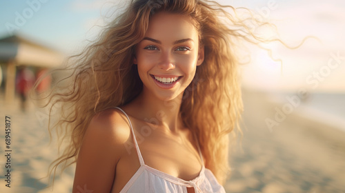 Young woman with long hair on beach