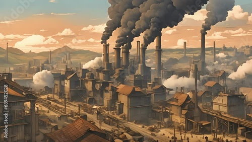 Located outskirts city, steampowered factory loomed over landscape like behemoth. Thick black smoke billowed multiple towering chimneys, sound heavy machinery echoed 2d animation photo