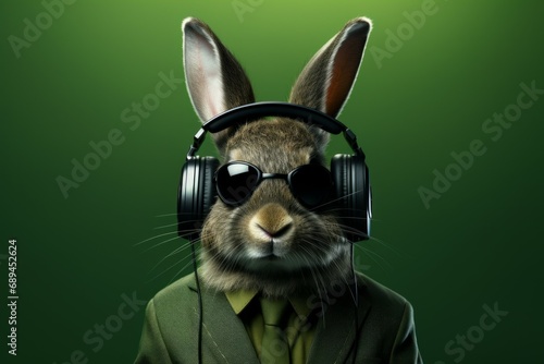 Cool bunny in headphones with selective focus and copy space photo