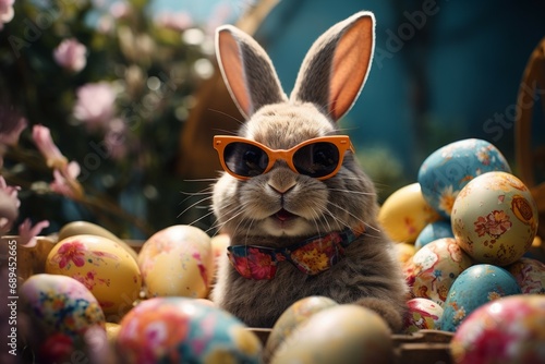 Cute Easter bunny in sunglasses among eggs with selective focus and copy space