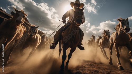 Cowboy Leading Horse Herd in Dusty Terrain