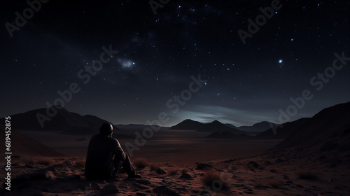 Solitary Figure Under Starry Desert Sky