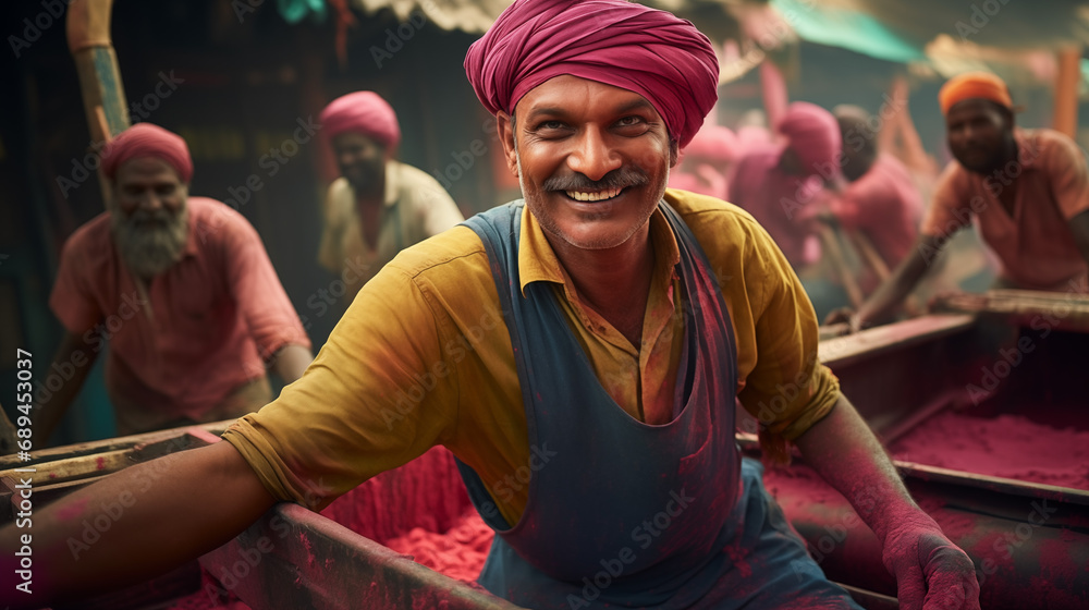 Fototapeta premium Joyful Worker in Indian Color Powder Factory