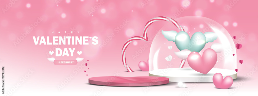 Fototapeta premium Valentine day background. Pink platform for product show with heart balloons floating in glass dome, love elements on soft pink background. Vector illustration.