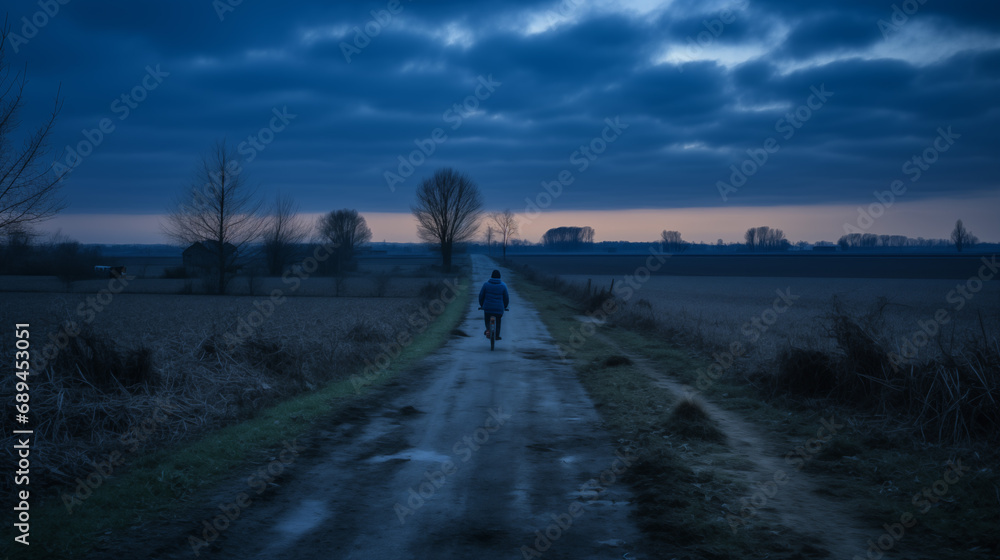 Cyclist on Rural Path at Twilight
