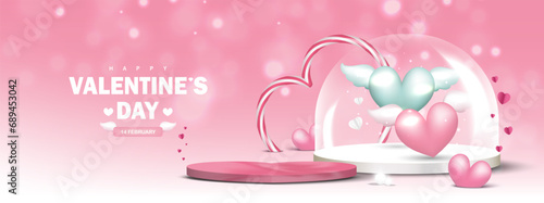 Valentine day background. Pink platform for product show with heart balloons floating in glass dome, love elements on soft pink background. Vector illustration.