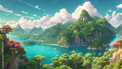verdant hills Dreamlike Archipelago rose like emerald outcroppings from calm, turquoise sea, their lush forests beckoning exploration their peaks crowned with fluffy 2d animation photo
