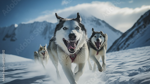 Siberian Huskies Racing in Snowy Landscape © LONG