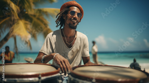Drummer Smiling on Tropical Beach