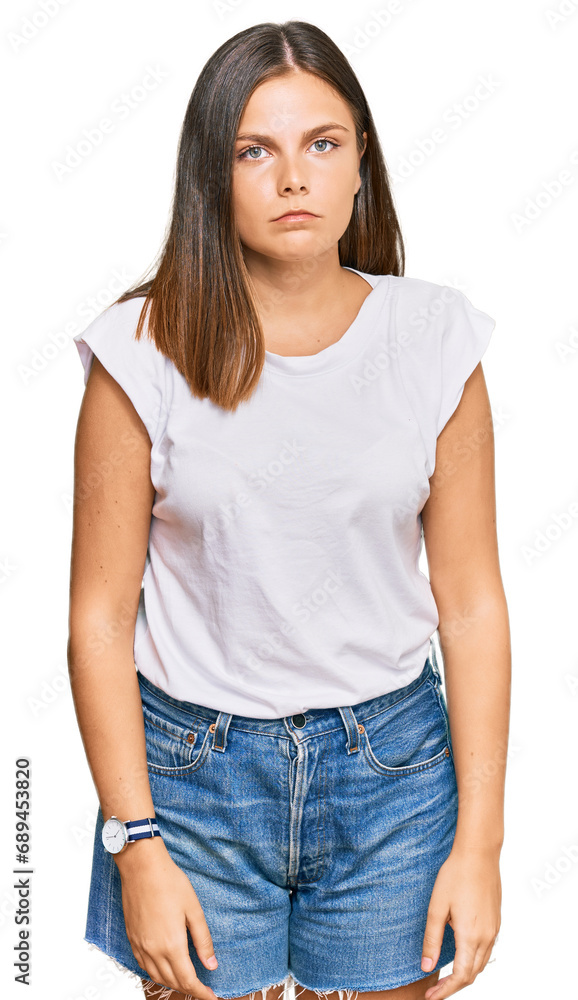 Young caucasian woman wearing casual white tshirt depressed and worry for distress, crying angry and afraid. sad expression. Young caucasian woman wearing casual white tshirt depressed and worry for distress, crying angry and afraid. sad expression.