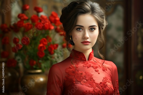 Woman in red Chinese clothes on a blurred background of an authentic Asian interior. Portrait with selective focus