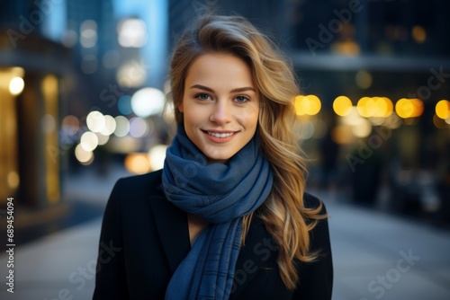 Woman with a scarf. Portrait with selective focus and copy space