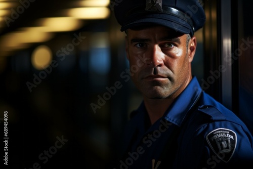 A man is a security or law enforcement officer. Concept of top in demand profession. Portrait with selective focus