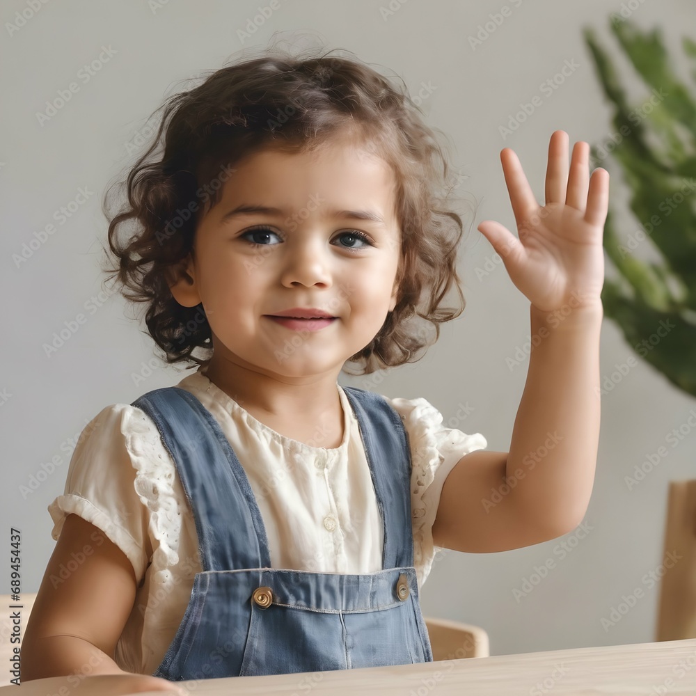 Action shot of a child enthusiastically waving their hand in the air to answer a question Action shot of a child enthusiastically waving their hand in the air to answer a question
