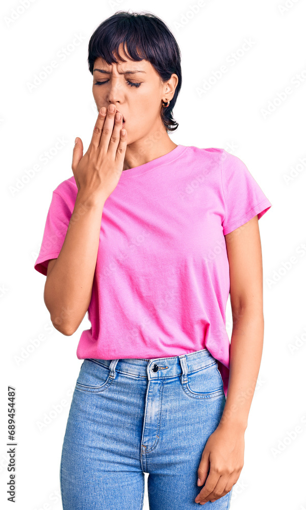Young brunette woman with short hair wearing casual clothes bored yawning tired covering mouth with hand. restless and sleepiness. Young brunette woman with short hair wearing casual clothes bored yawning tired covering mouth with hand. restless and sleepiness.