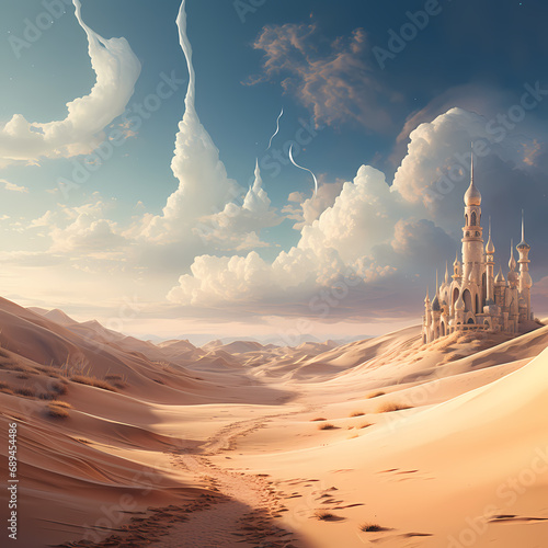 A surreal desert with towering sand dunes and a clear sky