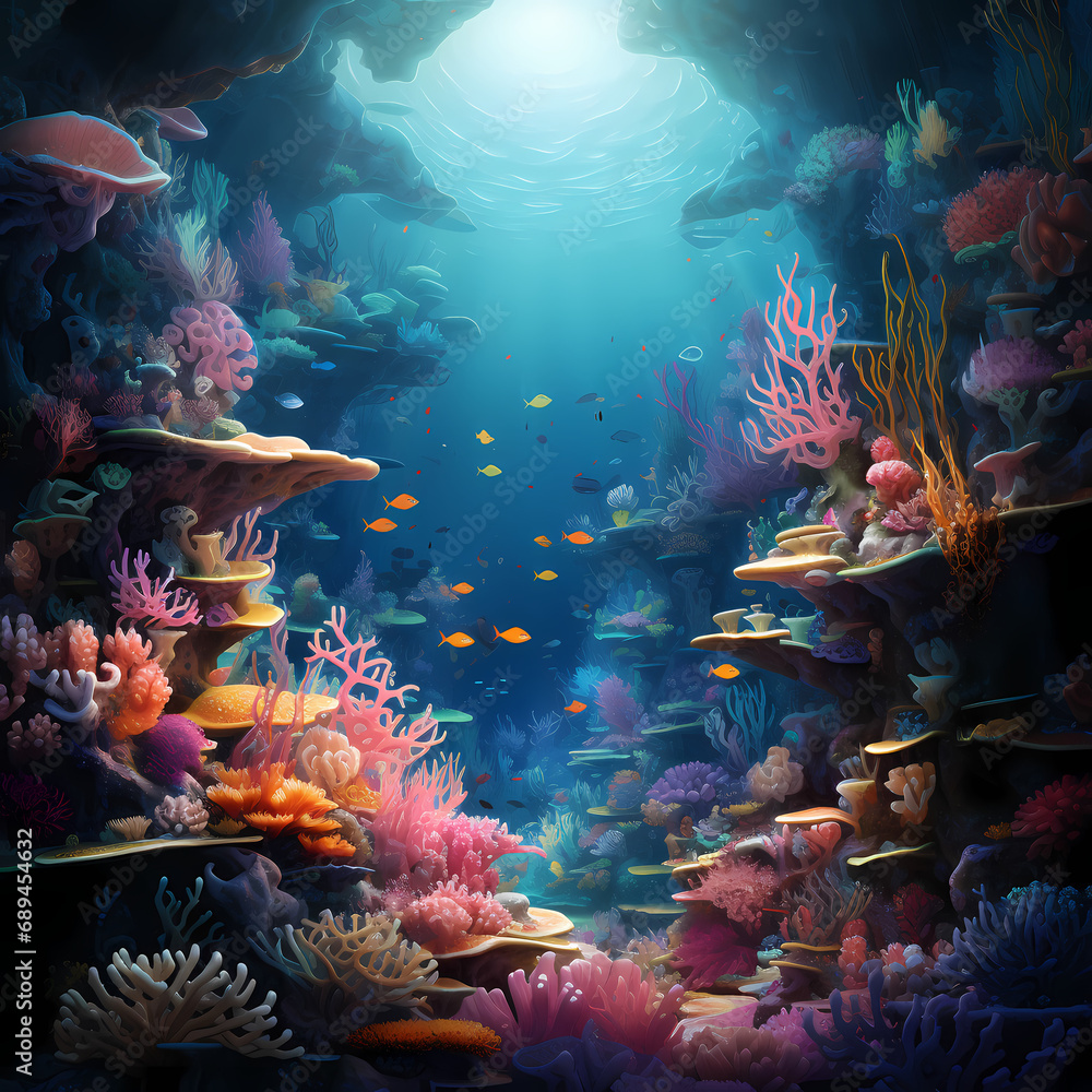 A surreal underwater scene with colorful coral reefs
