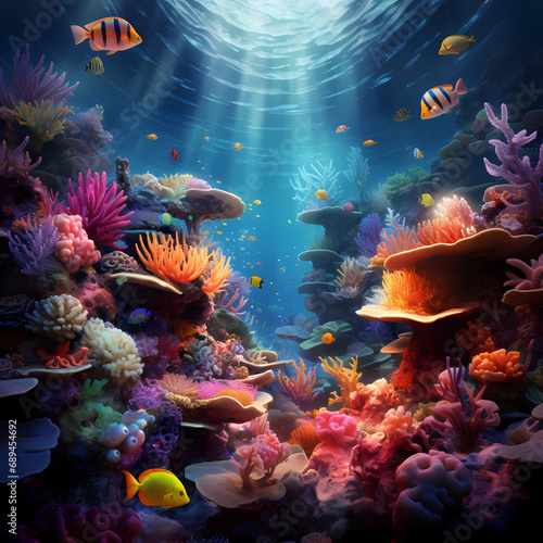 A surreal underwater scene with colorful coral reefs © Cao