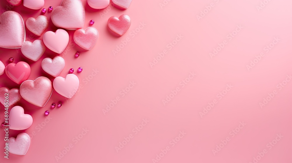 Monochrome image of figurines of hearts on a pink background.