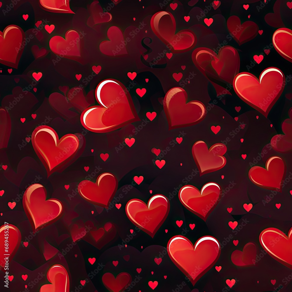 Seamless pattern of red hearts on a black background.