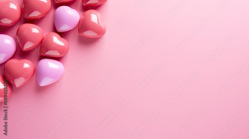 Red and pink figurines of hearts on a pink background. Red and pink figurines of hearts on a pink background.