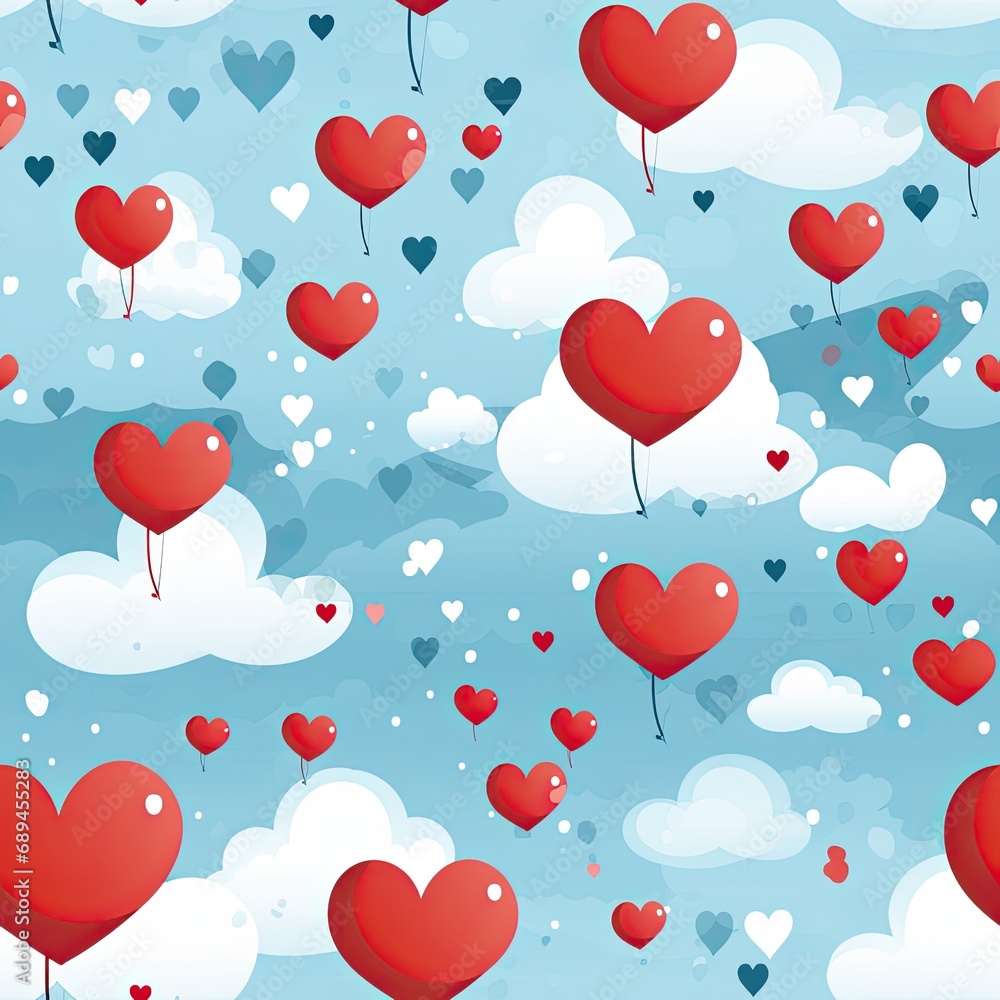 Balloons in the form of red hearts in the sky. Seamless pattern.