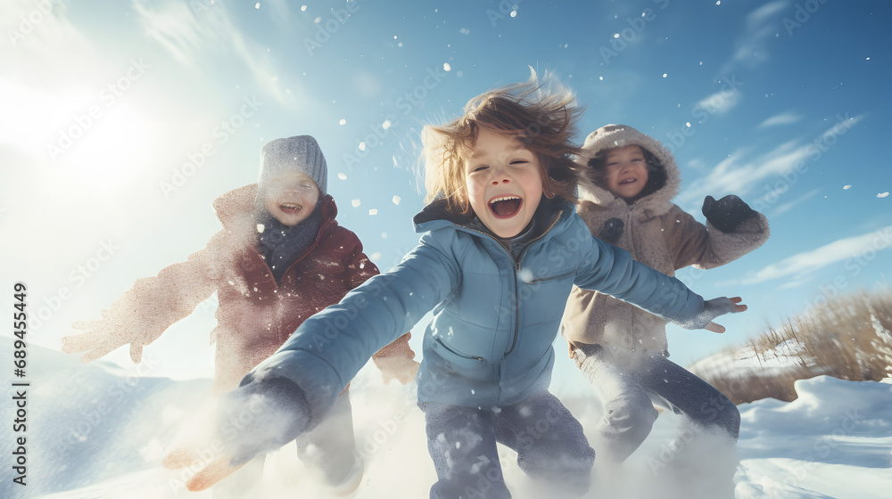 Three kids Children jump and tumble in the snow, throwing snowballs and throwing snow among themselves. Winter childhood games. Active outdoors leisure with children in winter - obrazy, fototapety, plakaty 