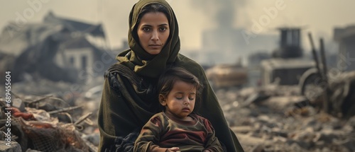 Woman with child amidst war-torn surroundings. Human resilience and hope.