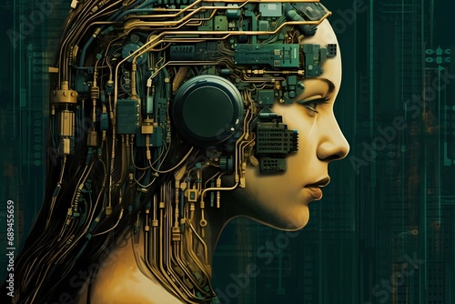 Futuristic Harmony  Headphones Accentuating A Woman s Circuit Board Portrait