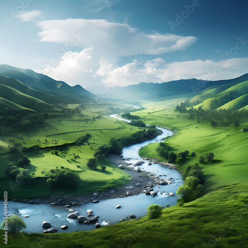 Tranquil river winding through a valley surrounded by lush greenery.