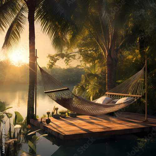 A tropical paradise with hammocks between palm trees.