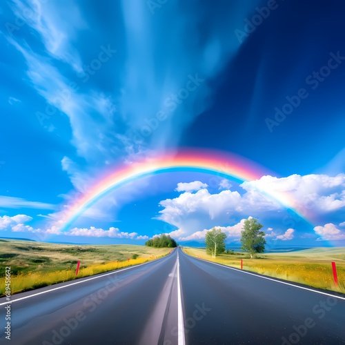A vibrant rainbow stretching across a blue sky © Cao