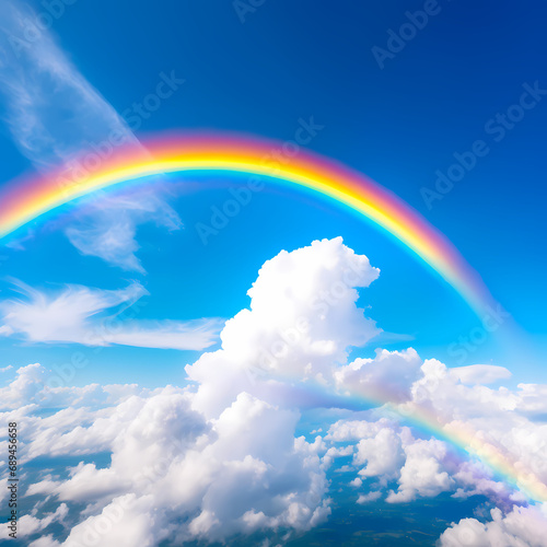 A vibrant rainbow stretching across a blue sky