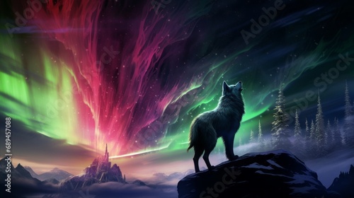 wild wolf silhouetted against a mesmerizing aurora borealis night sky





 photo
