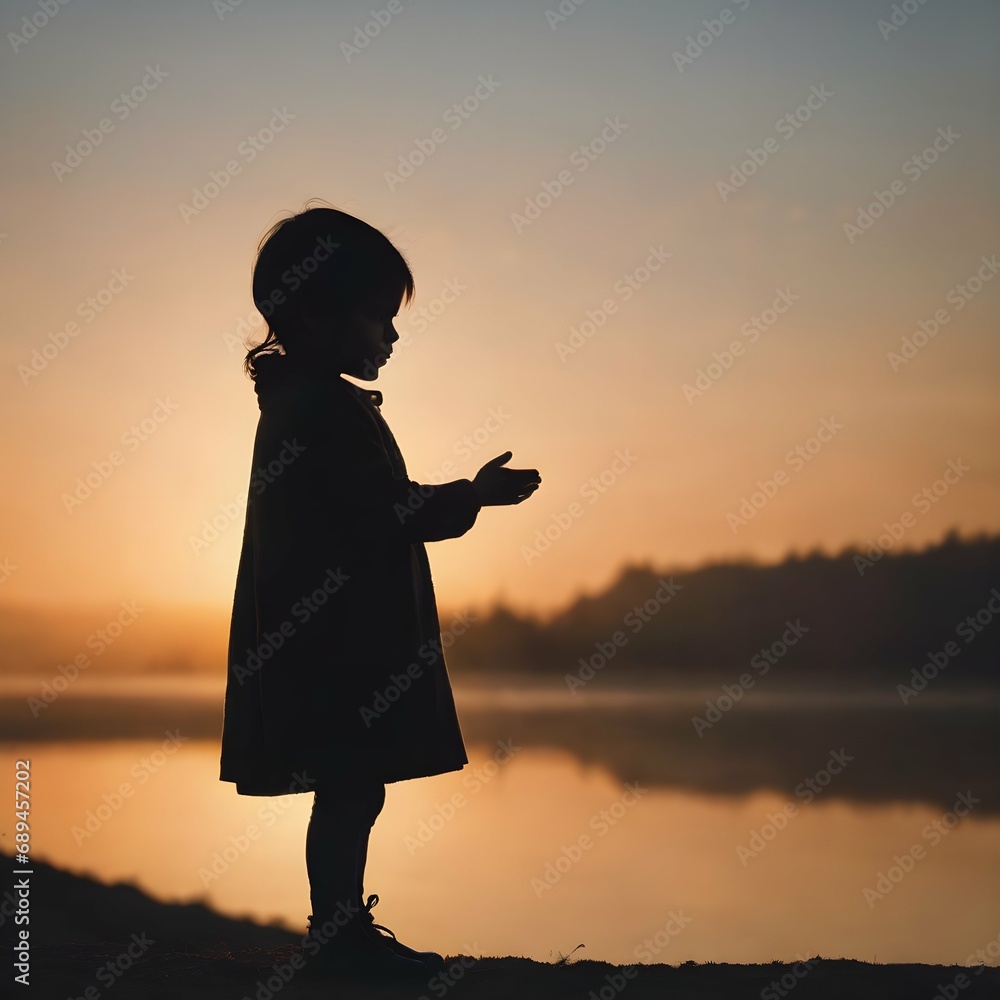 Fototapeta premium Silhouette shot of a child standing against a bright background, with their hand raised